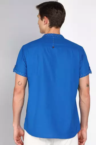 men's royal blue mandarin collar linen cotton party casual shirt | indowestern shirt for men