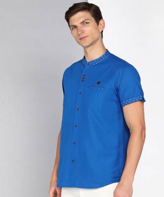 men's royal blue mandarin collar linen cotton party casual shirt | indowestern shirt for men 3