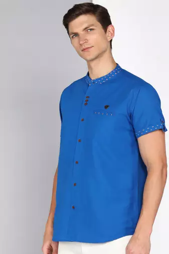 men's royal blue mandarin collar linen cotton party casual shirt | indowestern shirt for men