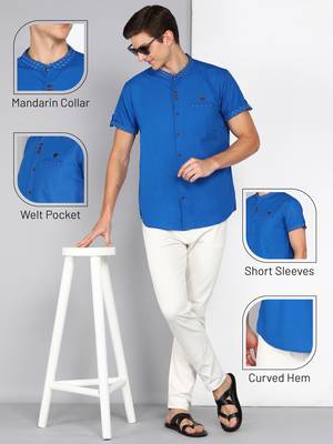 men's royal blue mandarin collar linen cotton party casual shirt | indowestern shirt for men 5