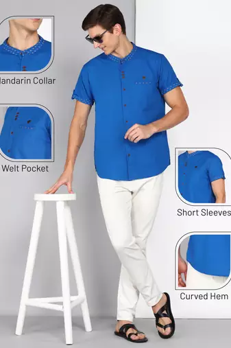 men's royal blue mandarin collar linen cotton party casual shirt | indowestern shirt for men