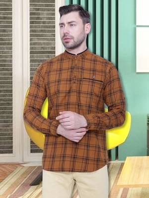men's brown cotton twill casual kurta | checks kurta for men 1