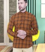 men's brown cotton twill casual kurta | checks kurta for men
