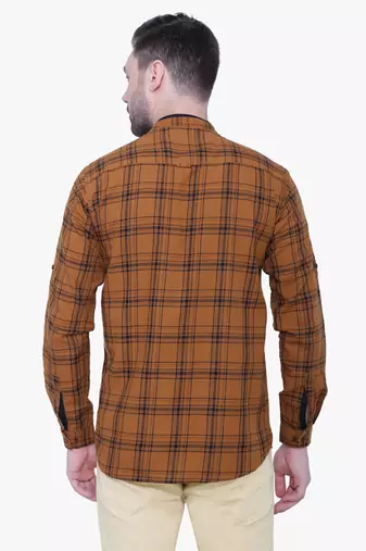 men's brown cotton twill casual kurta | checks kurta for men