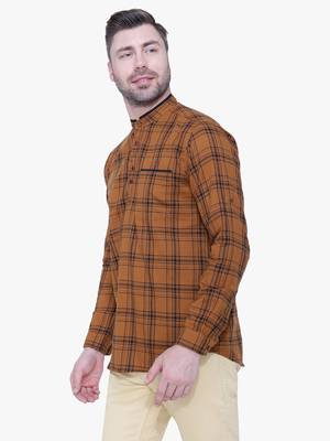 men's brown cotton twill casual kurta | checks kurta for men 3