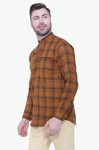 men's brown cotton twill casual kurta | checks kurta for men