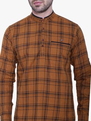 men's brown cotton twill casual kurta | checks kurta for men 4