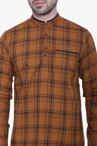 men's brown cotton twill casual kurta | checks kurta for men
