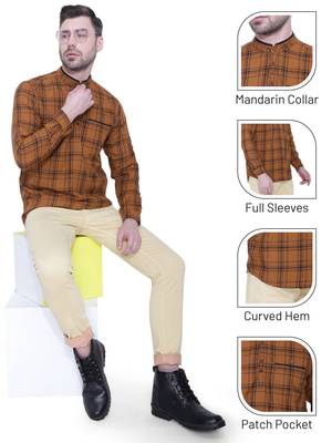 men's brown cotton twill casual kurta | checks kurta for men 5