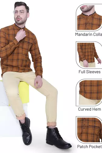 men's brown cotton twill casual kurta | checks kurta for men