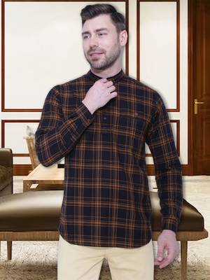 men's brown cotton twill casual kurta | checks kurta for men 1