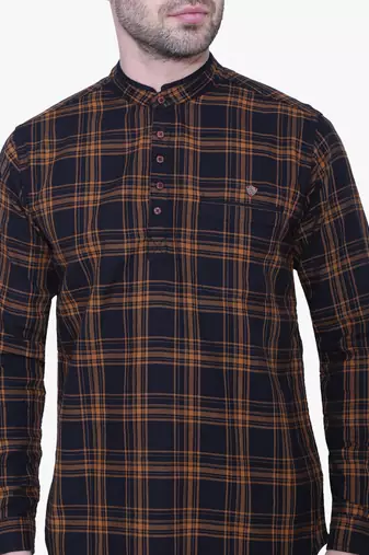 men's brown cotton twill casual kurta | checks kurta for men