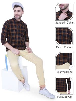 men's brown cotton twill casual kurta | checks kurta for men 5