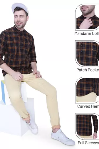 men's brown cotton twill casual kurta | checks kurta for men
