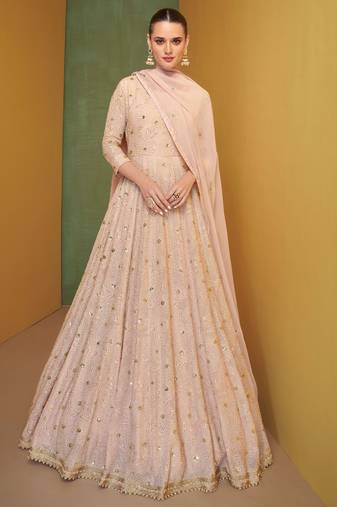 Pink emboridery sequins work georgette stiched anarkali chudidar suits