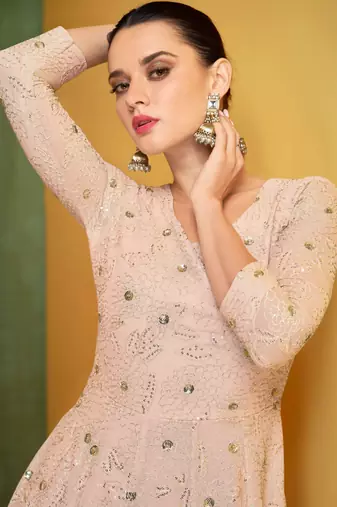 Pink emboridery sequins work georgette stiched anarkali chudidar suits