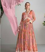 Pink emboridery sequins with digital print chinon stiched gown