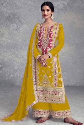 Mustard emboridery sequins chinon stiched straight palazzo suits(Size Up to 42") 1