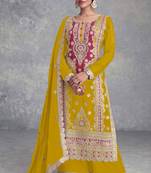 Mustard emboridery sequins chinon stiched straight palazzo suits(Size Up to 42")