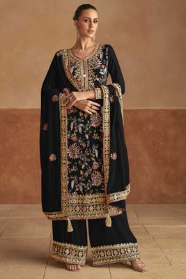 Black emboridery sequins and mirror work chinon stiched straight palazzo suits(Size Up to 42") 1