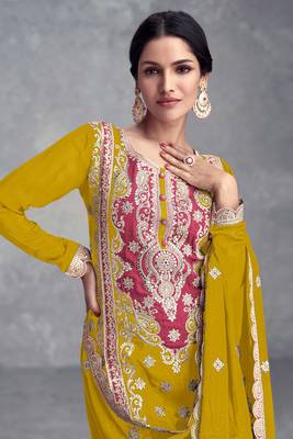 Mustard emboridery sequins chinon stiched straight palazzo suits(Size Up to 42") 2