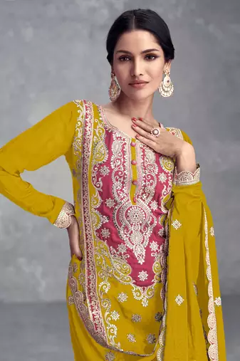 Mustard emboridery sequins chinon stiched straight palazzo suits(Size Up to 42")