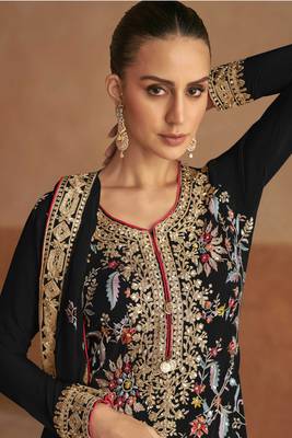 Black emboridery sequins and mirror work chinon stiched straight palazzo suits(Size Up to 42") 2