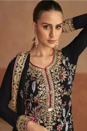 Black emboridery sequins and mirror work chinon stiched straight palazzo suits(Size Up to 42")