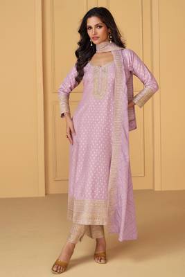 Lavender emboridery sequins jacquard silk stiched straight pant suits 1