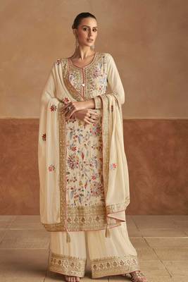 Beige emboridery sequins and mirror work chinon stiched straight palazzo suits(Size Up to 42") 1
