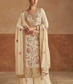 Beige emboridery sequins and mirror work chinon stiched straight palazzo suits(Size Up to 42")