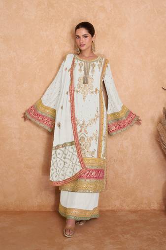 White emboridery sequins chinon straight palazzo suits- Free Size stitched(Size Upto 42")