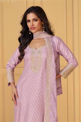 Lavender emboridery sequins jacquard silk stiched straight pant suits 2