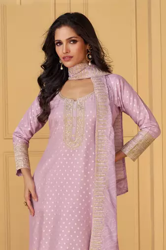 Lavender emboridery sequins jacquard silk stiched straight pant suits