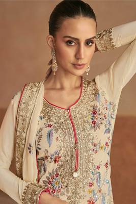 Beige emboridery sequins and mirror work chinon stiched straight palazzo suits(Size Up to 42") 2