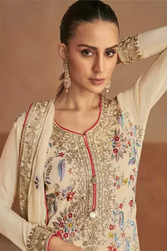 Beige emboridery sequins and mirror work chinon stiched straight palazzo suits(Size Up to 42")