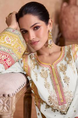 White emboridery sequins chinon straight palazzo suits- Free Size stitched(Size Upto 42") 2