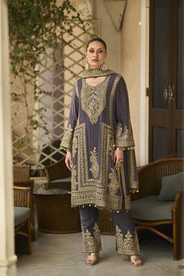 Purple emboridery sequins chinon straight pant suits- Free Size Stitched(Size upto 42") 1