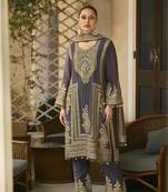 Purple emboridery sequins chinon straight pant suits- Free Size Stitched(Size upto 42")