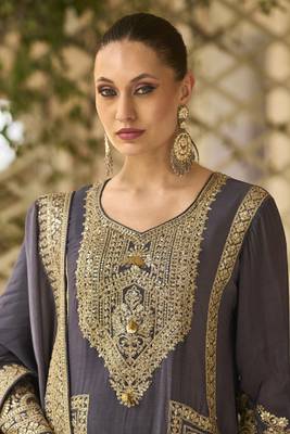 Purple emboridery sequins chinon straight pant suits- Free Size Stitched(Size upto 42") 2