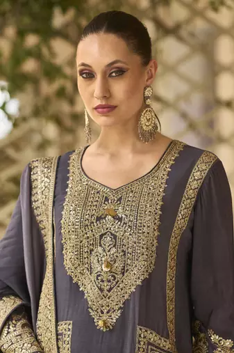 Purple emboridery sequins chinon straight pant suits- Free Size Stitched(Size upto 42")