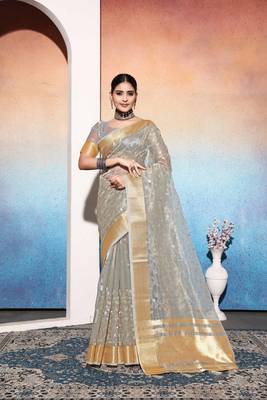 grey embroiderd tissue cotton silk blend saree with unstitched blouse piece 1