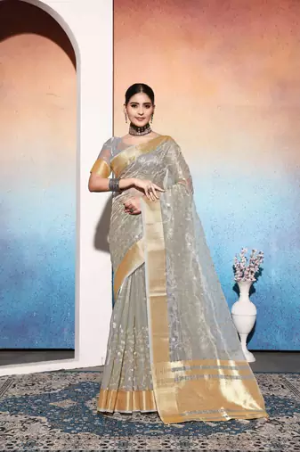 grey embroiderd tissue cotton silk blend saree with unstitched blouse piece