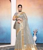grey embroiderd tissue cotton silk blend saree with unstitched blouse piece