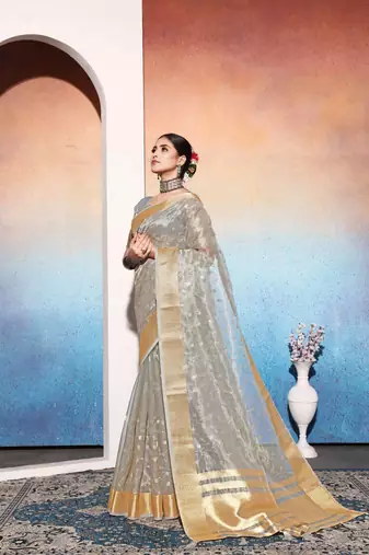 grey embroiderd tissue cotton silk blend saree with unstitched blouse piece