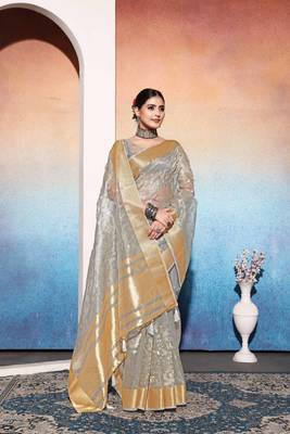 grey embroiderd tissue cotton silk blend saree with unstitched blouse piece 3