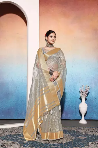 grey embroiderd tissue cotton silk blend saree with unstitched blouse piece