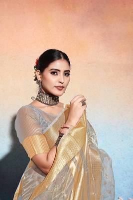 grey embroiderd tissue cotton silk blend saree with unstitched blouse piece 4