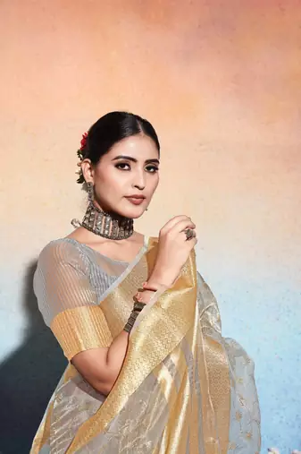 grey embroiderd tissue cotton silk blend saree with unstitched blouse piece