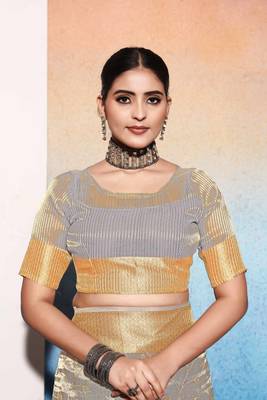 grey embroiderd tissue cotton silk blend saree with unstitched blouse piece 5